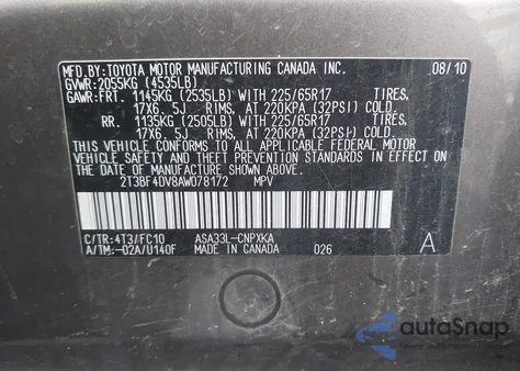 2010 Toyota Rav4 z USA, uszkodzony, nr VIN 2T3BF4DV8AW078172